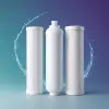 Three water purifier cartridges with clean white design, surrounded by a splash of water on a teal and purple gradient background.